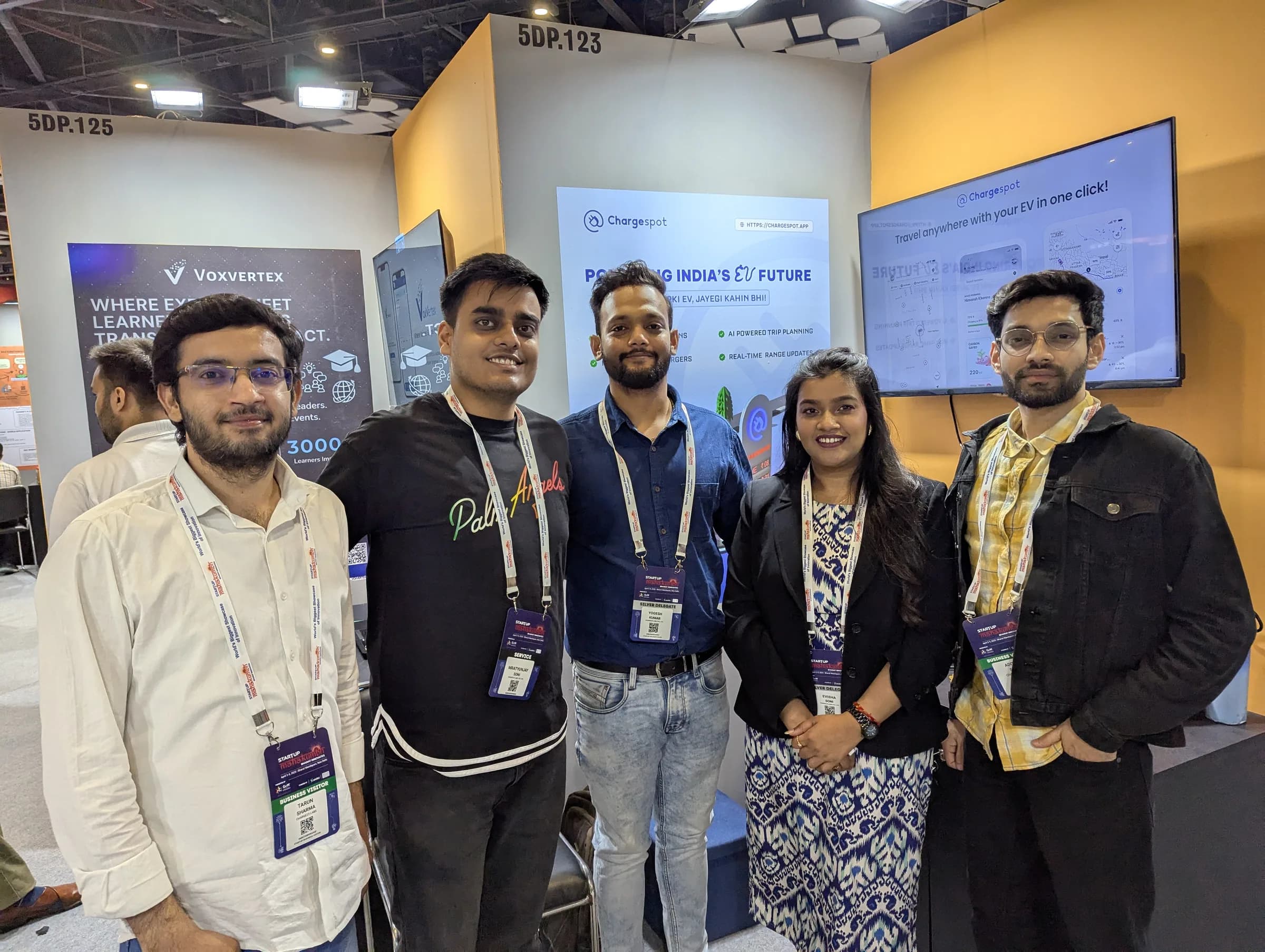 The Charge23 team at the Chargespot booth, from left: Tarun Sharma, Mratyunjay Soni, Yogesh Kumar, Dr. Evisha Soni, Aditya Syal