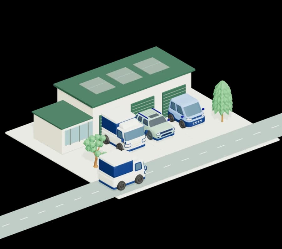 A compact fleet depot with delivery trucks, an SUV and an electric city car