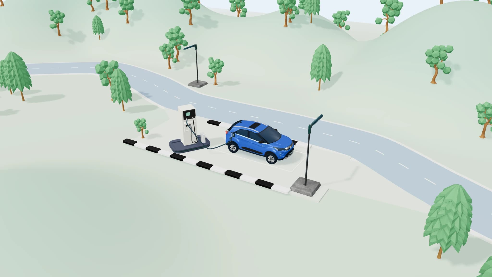 An electric car beside a Chargespot charger, along a tree-lined road