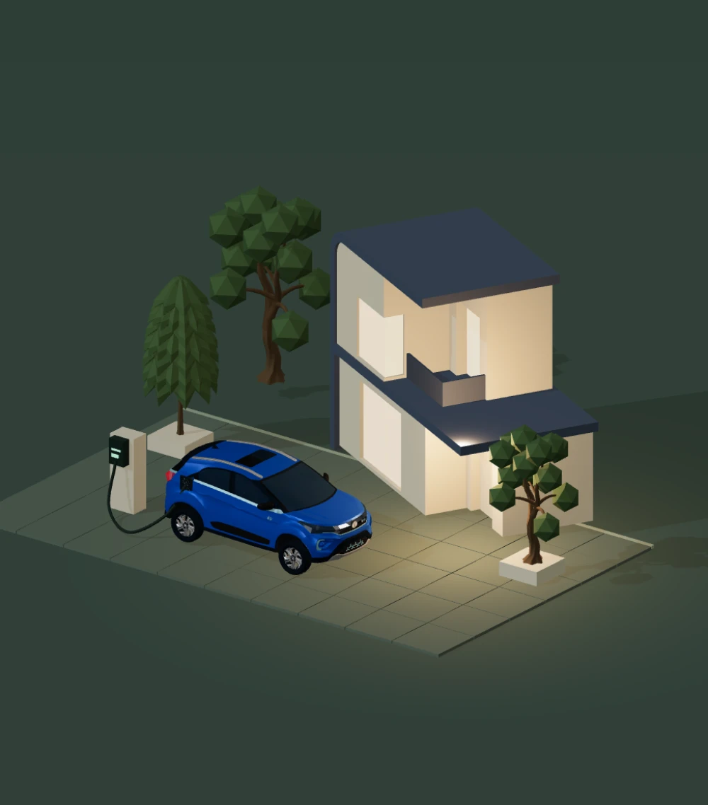 Blue Nexon beside the house and home charger
